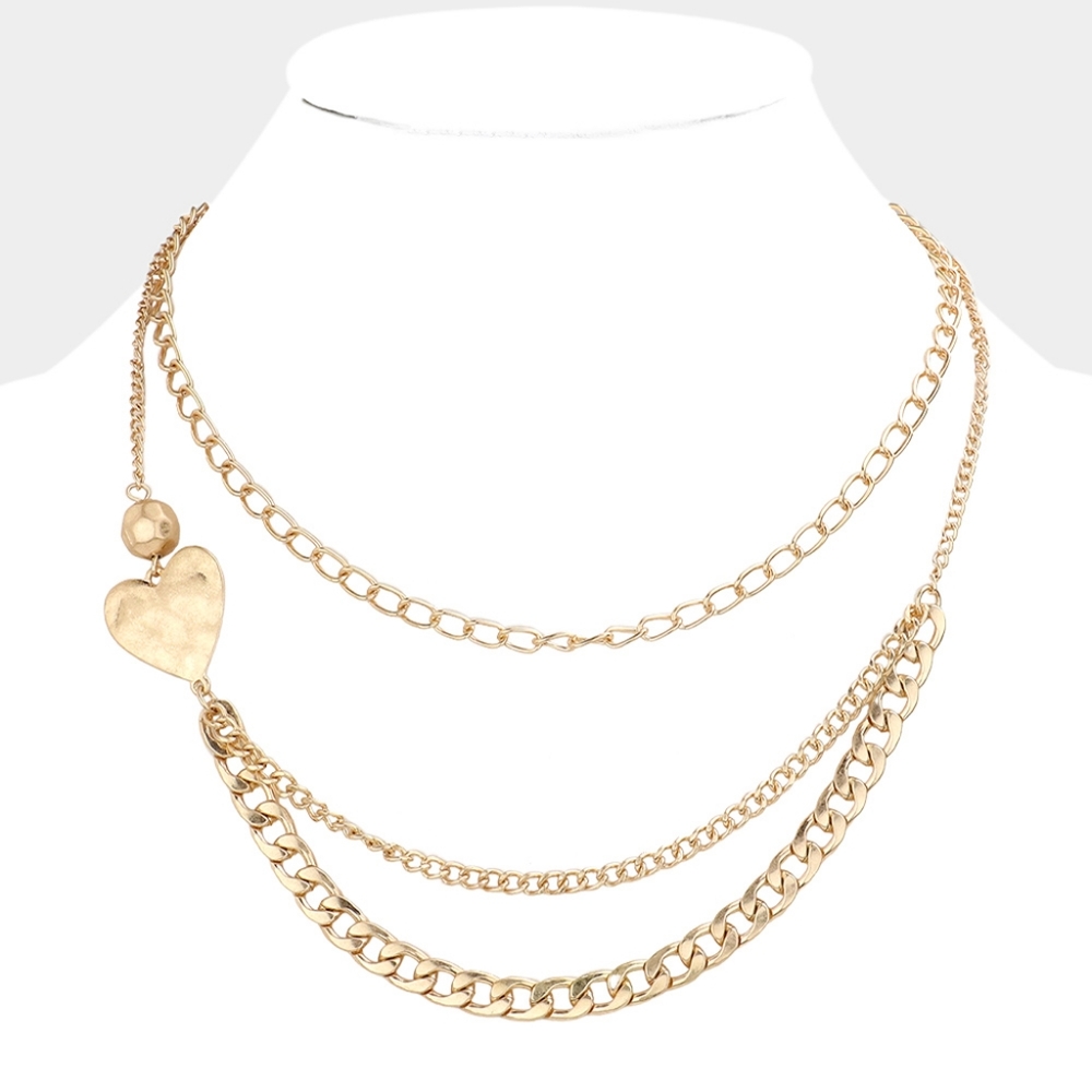 Gold Heart Layered Necklace Metal Pendant Chain Link Ball
